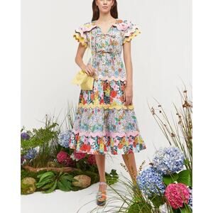 Celia B Olav Floral Scalloped Midi Dress Size XS NWT Rick Rack Trim Pockets